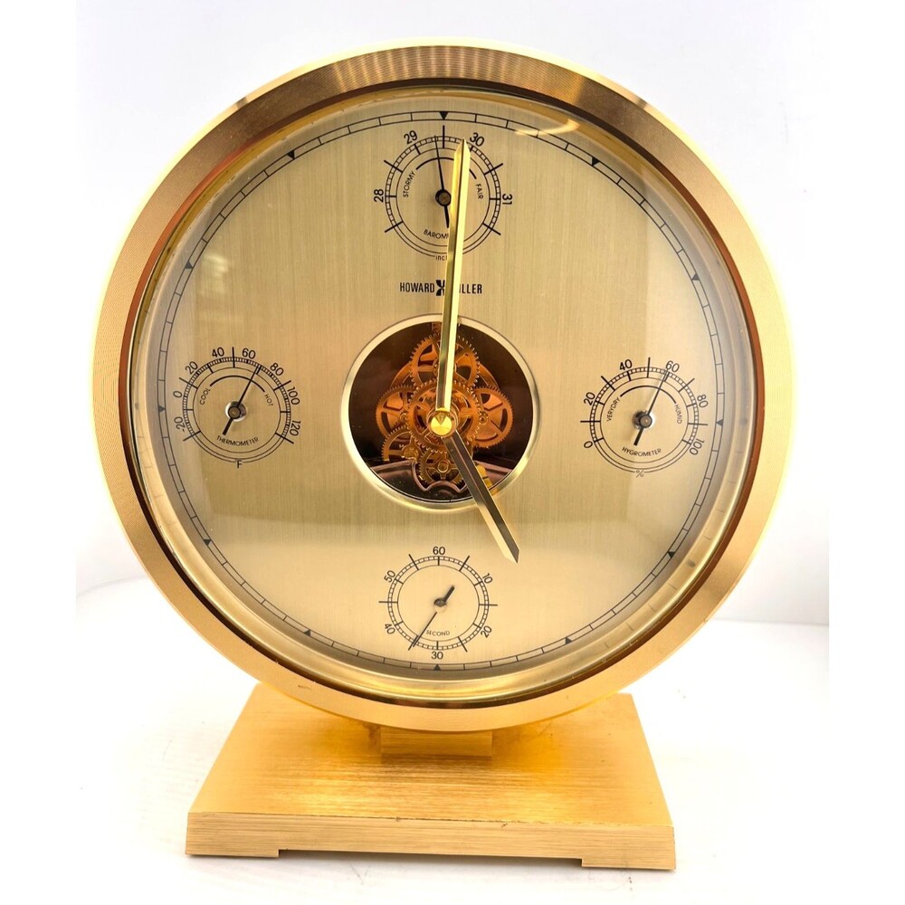 Vtg HOWARD MILLER Brass Desk Clock Skeleton Weather Station Barometer Thermomete